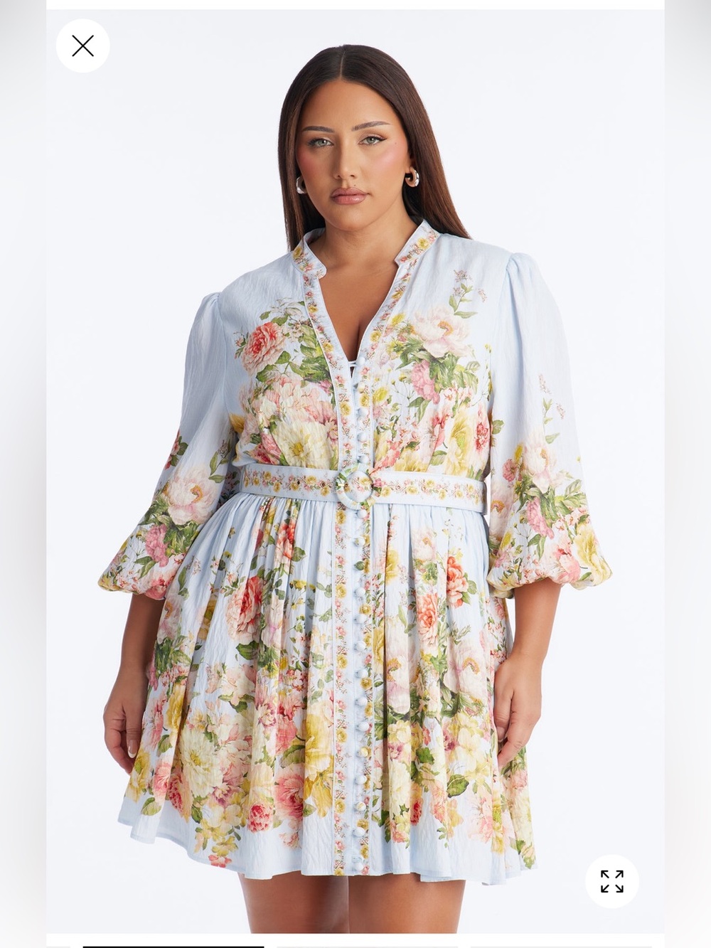 Floral Belted V-Neck Mini Dress in Light Blue and floral